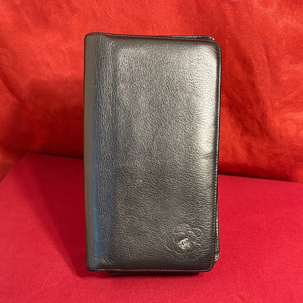 Chanel Black Leather Wallet w/ flower design